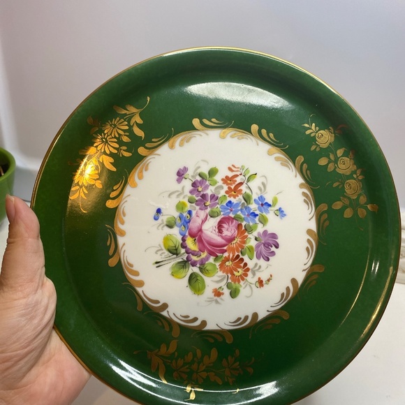 Two Vintage France Plates Hand Painted Floral Green & Gold Accents About 8” Wide - Picture 8 of 15